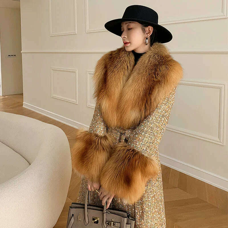 KIMLUD, 2024 Winter Women Wool Blends Long Coat Real Red Fox Fur Collar Cuffs Thick Warm Jacket Tweed Plaid New Luxury Female Coat, KIMLUD Womens Clothes