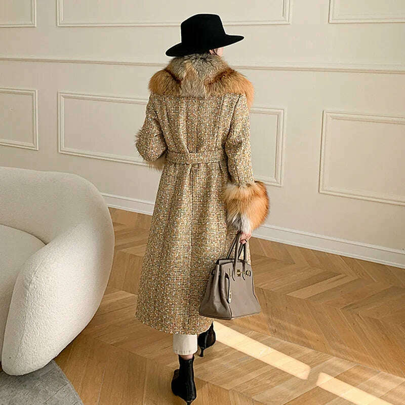 KIMLUD, 2024 Winter Women Wool Blends Long Coat Real Red Fox Fur Collar Cuffs Thick Warm Jacket Tweed Plaid New Luxury Female Coat, KIMLUD Womens Clothes