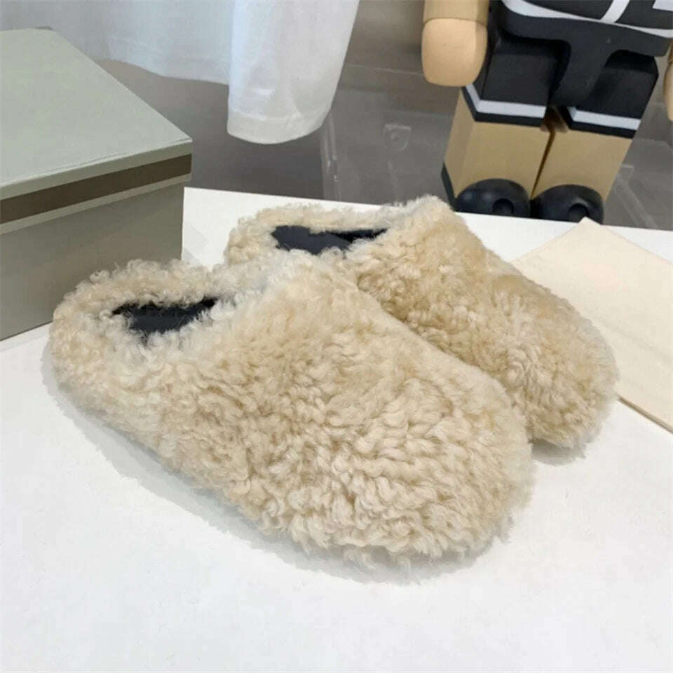 KIMLUD, 2024 Winter Women's Fur Slippers Non-slip Women Luxury European Station Ladies Fur Slides Flat Heel Fashion Woll Fur Slippers, Slippers 9 / 36, KIMLUD APPAREL - Womens Clothes