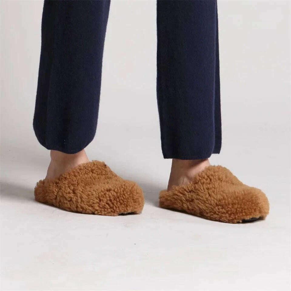 KIMLUD, 2024 Winter Women's Fur Slippers Non-slip Women Luxury European Station Ladies Fur Slides Flat Heel Fashion Woll Fur Slippers, KIMLUD Womens Clothes