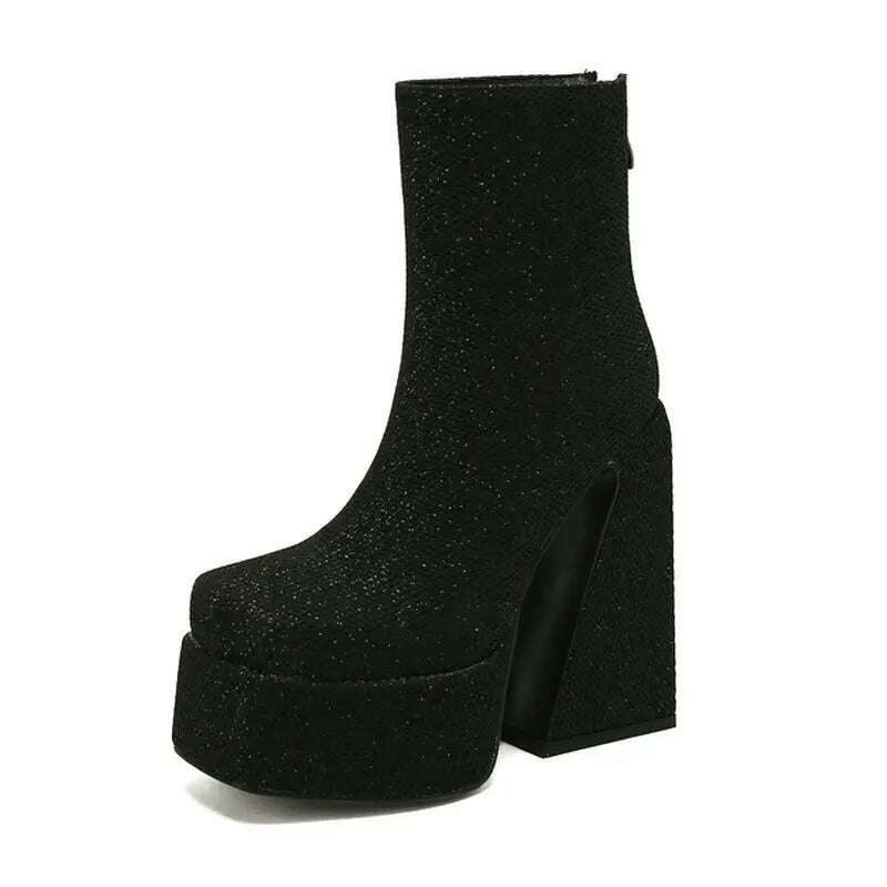 2024 Women Ankle Boots Platform Thick High Heel Ladies Short Boots Microfiber High Quality Zipper Dress Women's Shoes Plus Size - KIMLUD