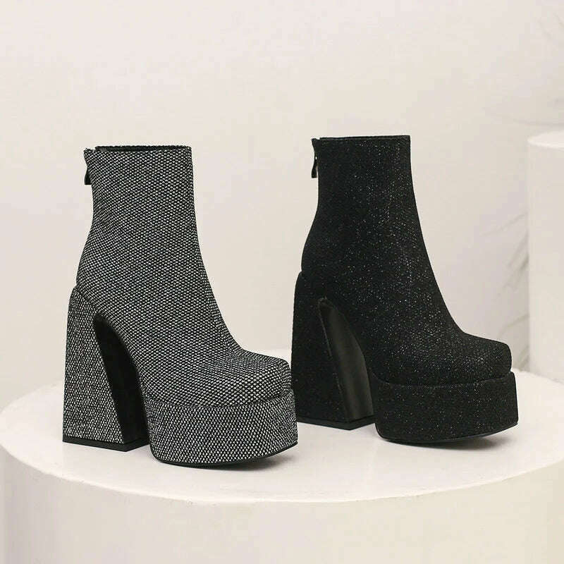 2024 Women Ankle Boots Platform Thick High Heel Ladies Short Boots Microfiber High Quality Zipper Dress Women's Shoes Plus Size - KIMLUD