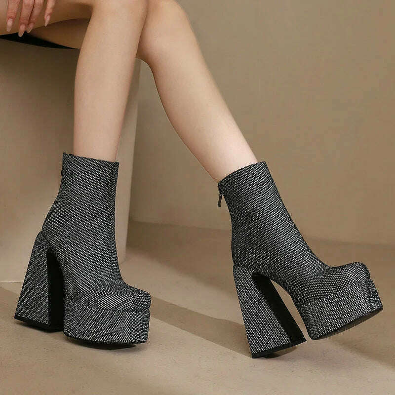 2024 Women Ankle Boots Platform Thick High Heel Ladies Short Boots Microfiber High Quality Zipper Dress Women's Shoes Plus Size - KIMLUD