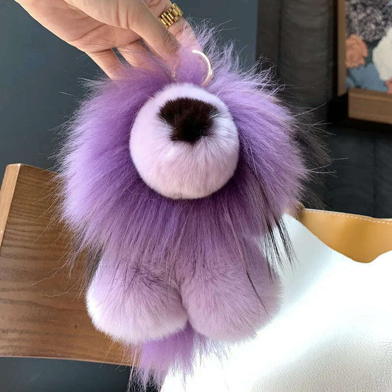 KIMLUD, 2024 Women Real Rex Rabbit Fur Bag Purse Ornaments Car Key Ring Fur Strap Kids Plush Toys Gift Cute Small Lion Pendant Keychain, purple / About 18cm, KIMLUD APPAREL - Womens Clothes