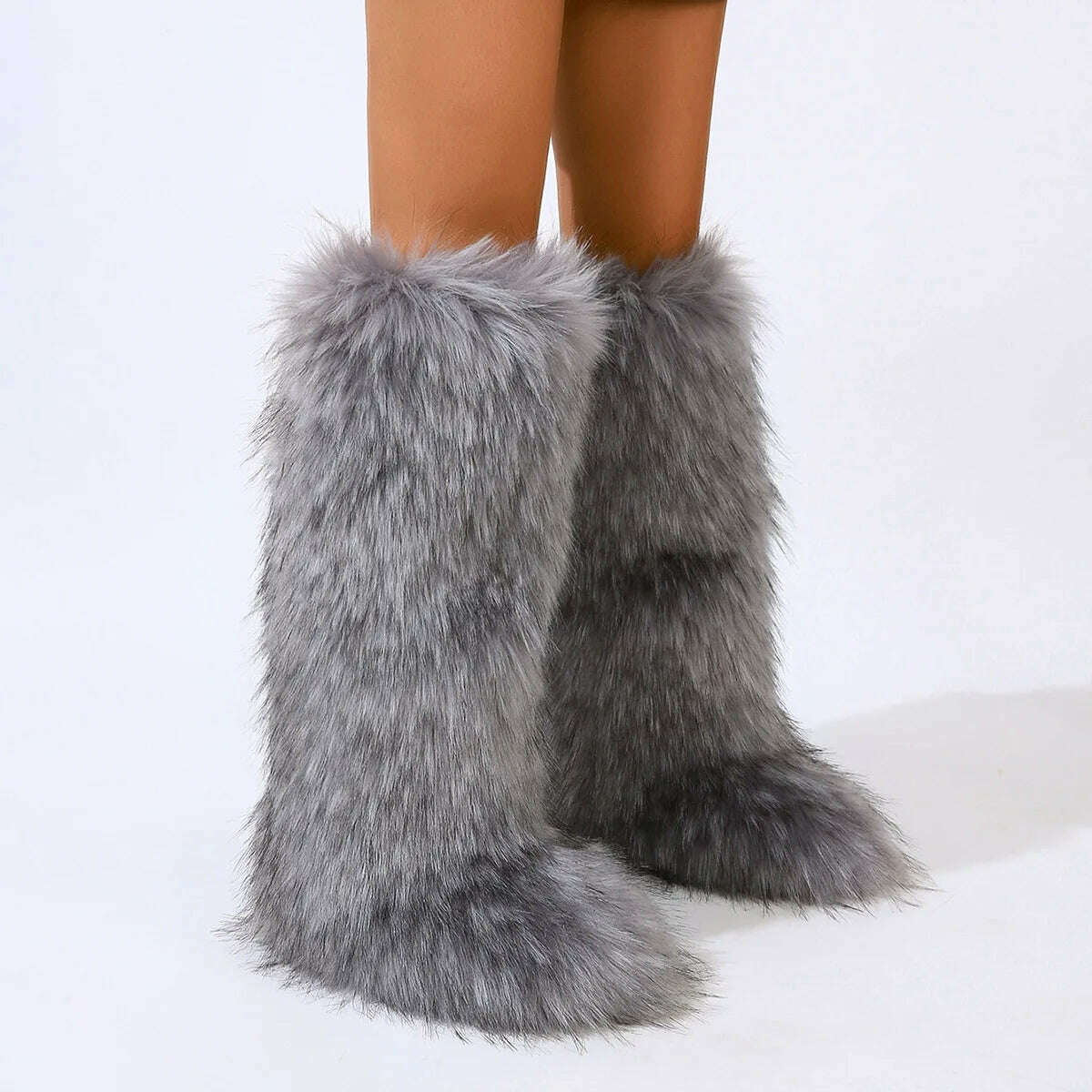 KIMLUD, 2024 Women Winter Thigh High Fluffy Boots Ladies Furry Faux Fox Fur Long Warm Shoes girls New Designer Plush Knee High Fur Boots, GRAY / 40, KIMLUD APPAREL - Womens Clothes