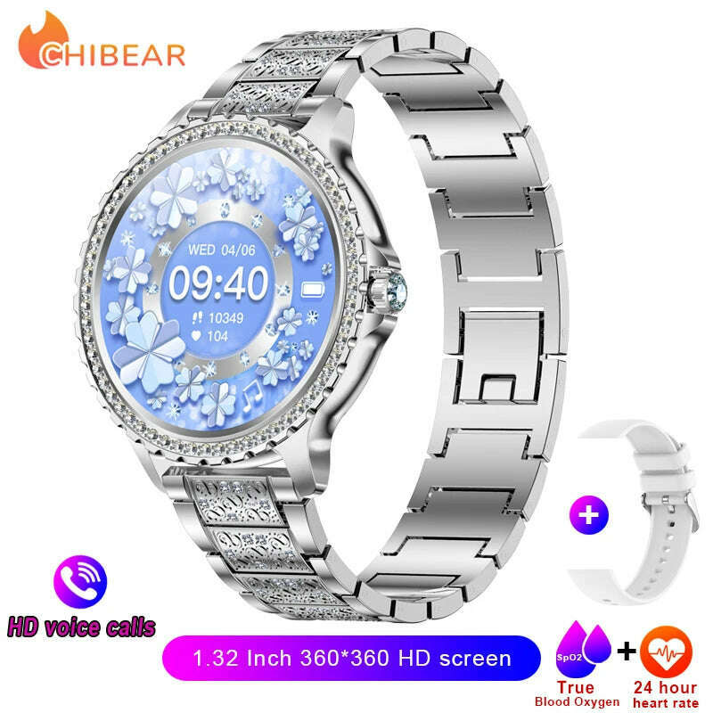 KIMLUD, 2024New Fashion Women Smart Watch 360*360 HD Screen Sports Bracelet Custom Dial Heart Rate Voice Call Smartwatch For Android IOS, Silver Steel, KIMLUD Womens Clothes