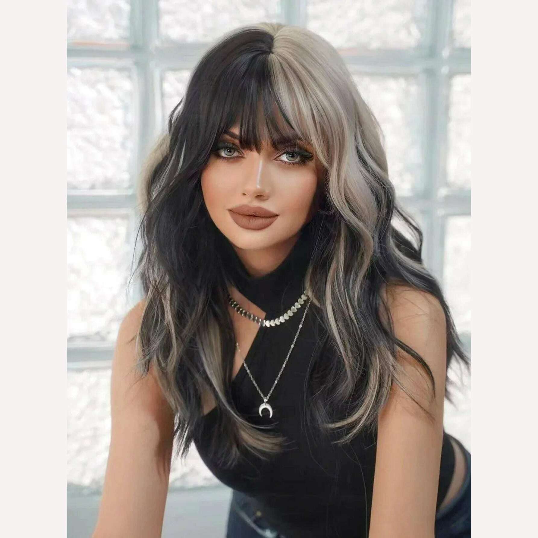 20Inch Silver Gray And Black Color Synthetic Wigs With Bang Long Natural Wavy Hair Wig For Women Cruella Cosplay Heat Resistant - KIMLUD