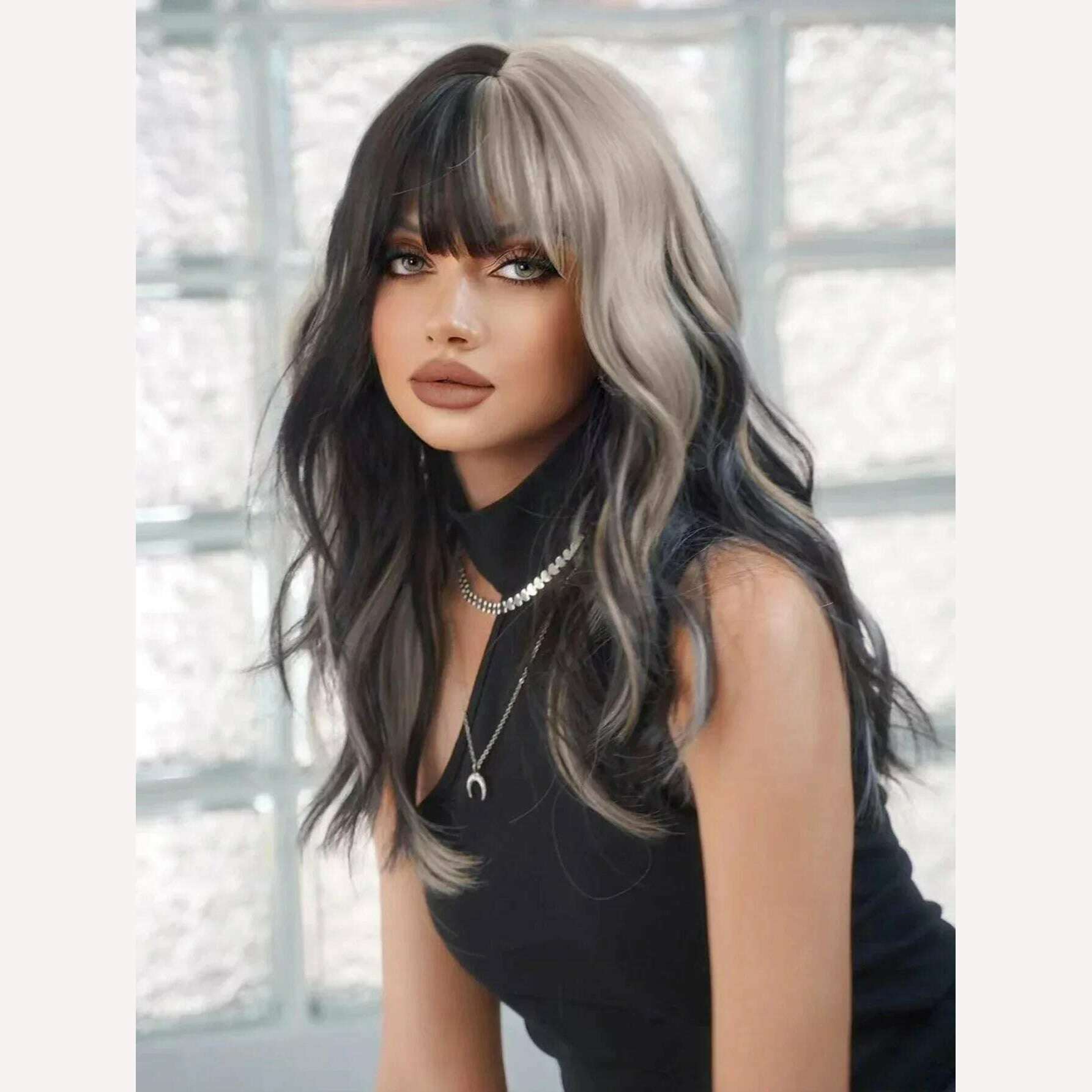 20Inch Silver Gray And Black Color Synthetic Wigs With Bang Long Natural Wavy Hair Wig For Women Cruella Cosplay Heat Resistant - KIMLUD