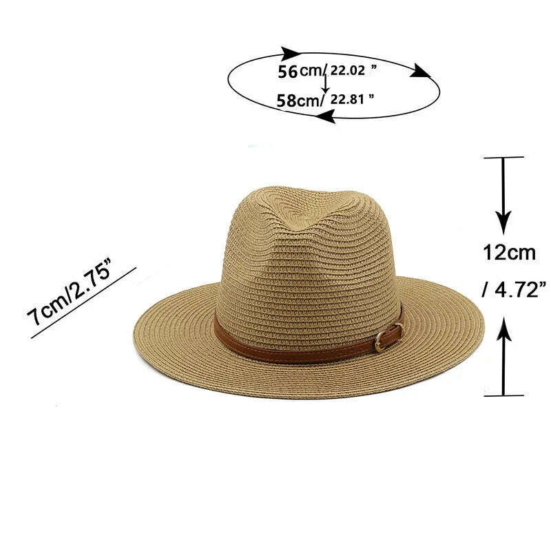 KIMLUD, 21 Colors Solid Color Straw Hat with Brown Belt Wide Brim Sun Protection Unisex Beach Hat Women Summer Outdoor Jazz Panama Cap, KIMLUD Womens Clothes