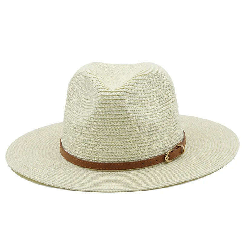 KIMLUD, 21 Colors Solid Color Straw Hat with Brown Belt Wide Brim Sun Protection Unisex Beach Hat Women Summer Outdoor Jazz Panama Cap, KIMLUD Womens Clothes