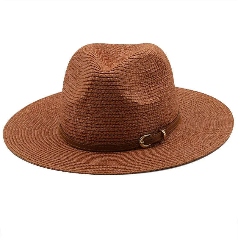 KIMLUD, 21 Colors Solid Color Straw Hat with Brown Belt Wide Brim Sun Protection Unisex Beach Hat Women Summer Outdoor Jazz Panama Cap, KIMLUD Womens Clothes