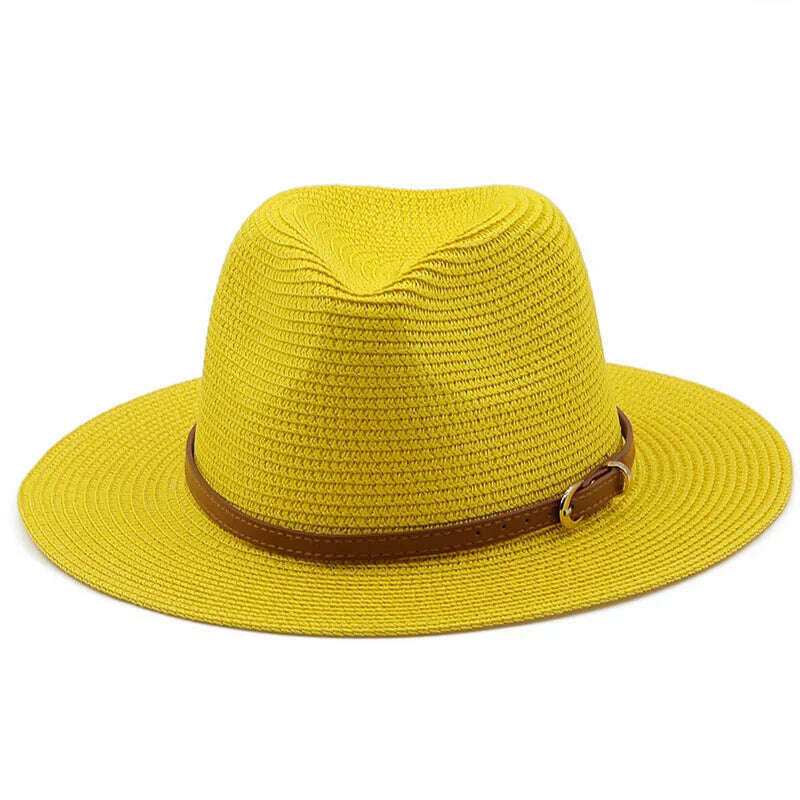 KIMLUD, 21 Colors Solid Color Straw Hat with Brown Belt Wide Brim Sun Protection Unisex Beach Hat Women Summer Outdoor Jazz Panama Cap, KIMLUD Womens Clothes