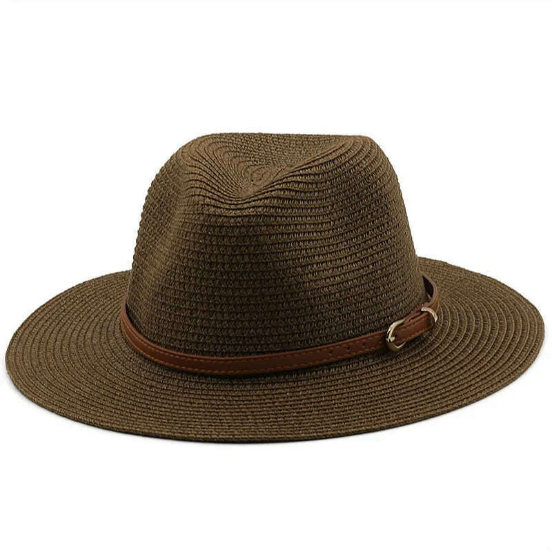 KIMLUD, 21 Colors Solid Color Straw Hat with Brown Belt Wide Brim Sun Protection Unisex Beach Hat Women Summer Outdoor Jazz Panama Cap, KIMLUD Womens Clothes