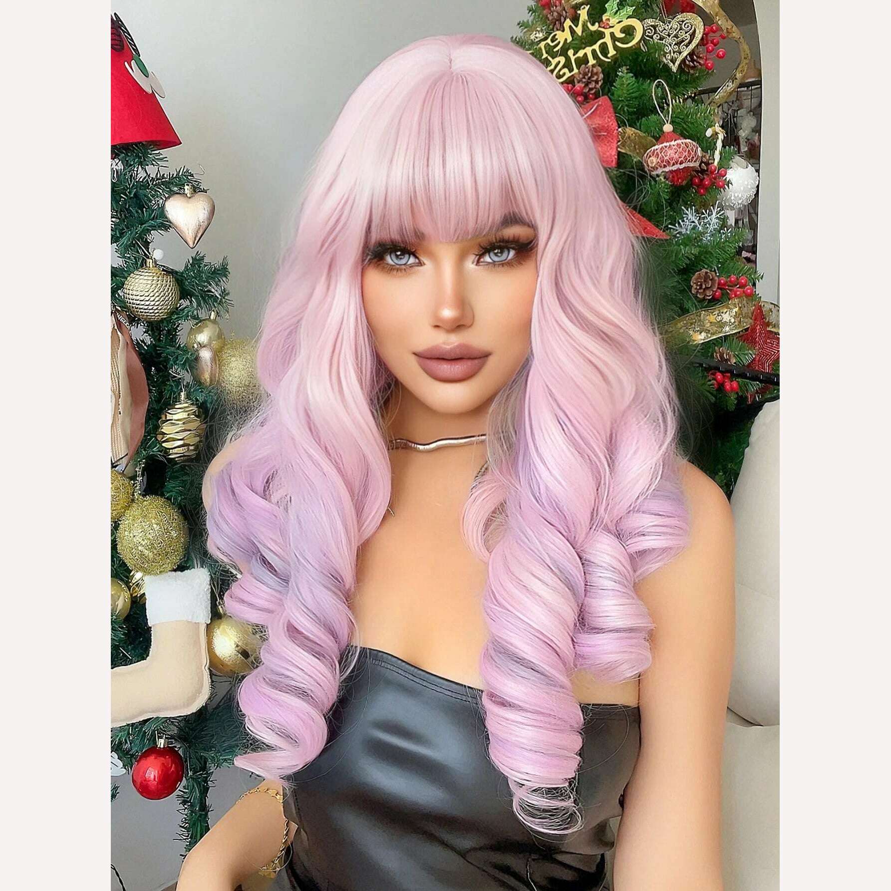 22Inch Cherry Blossom Pink Color Synthetic Wigs With Bang Long Natural Curly Hair Wig For Women Cosplay Party Heat Resistant - KIMLUD