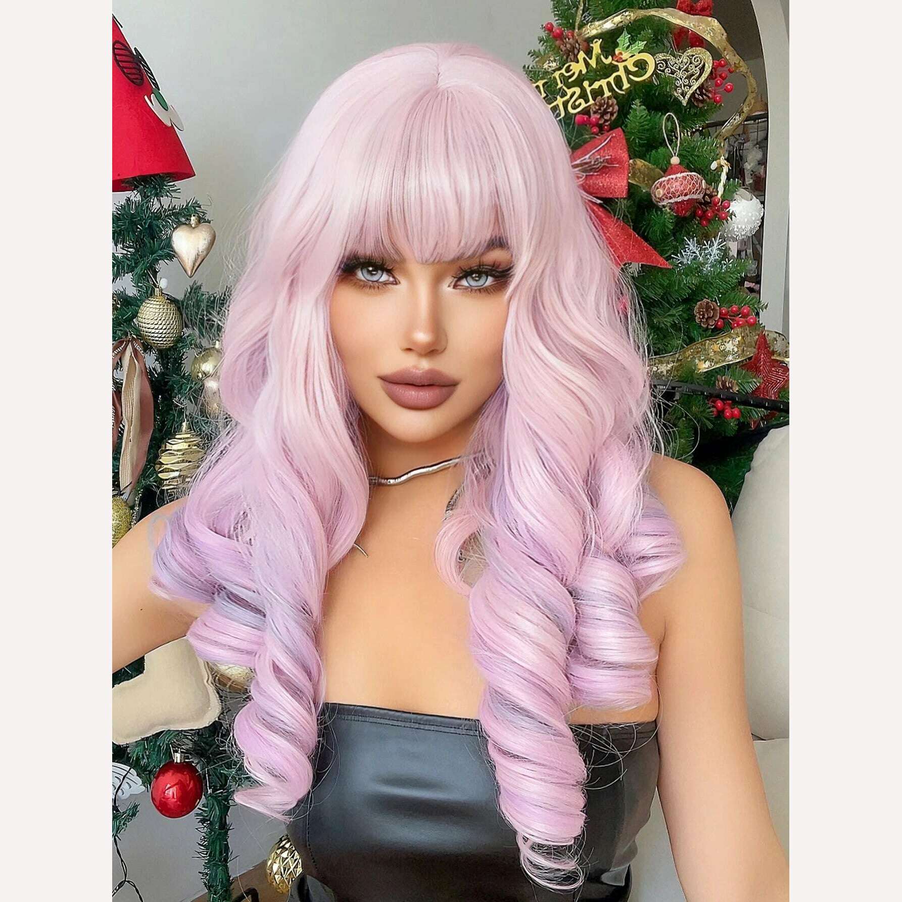 22Inch Cherry Blossom Pink Color Synthetic Wigs With Bang Long Natural Curly Hair Wig For Women Cosplay Party Heat Resistant - KIMLUD