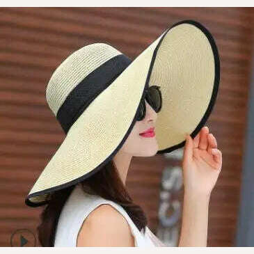 KIMLUD, 24colors Womens Sun Straw Hat Wide Brim UPF 50 Summer Hat Foldable Roll Up Floppy Beach Hats for Women Big Bowknot, KIMLUD Womens Clothes