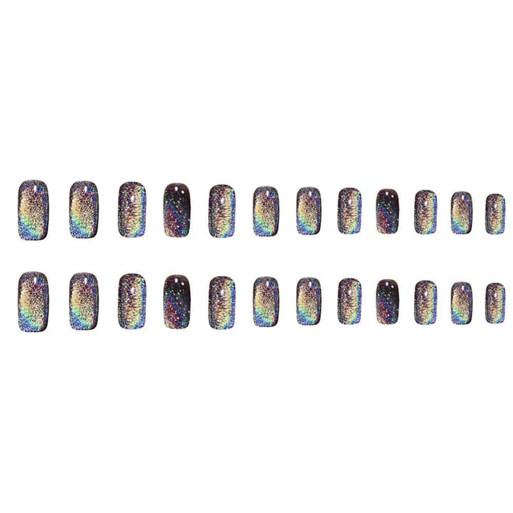 KIMLUD, 24pcs Aurora False Nail Cat Eye Black Fake Nail Full Cover Glitter Coffin Press on Nail Bride Lady Manicure Acrylic Nail Tip, KIMLUD Womens Clothes