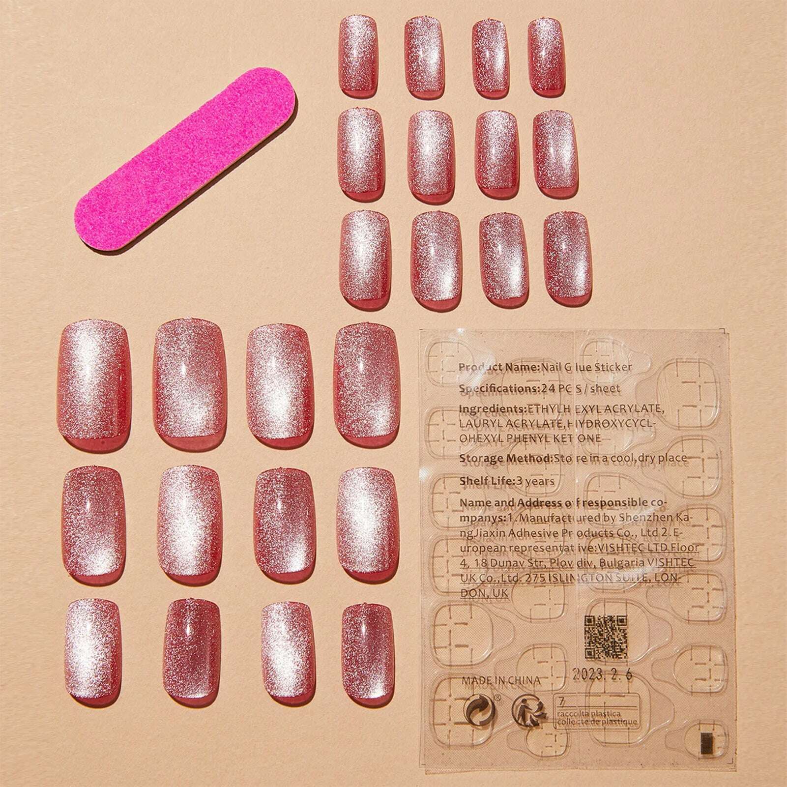 KIMLUD, 24pcs Pink Shiny Press-on Nails Cat Eye Glitter Artificial Nail Patch For Lady Women Manicure DIY Art Supplies with Jelly Glue, KIMLUD Womens Clothes