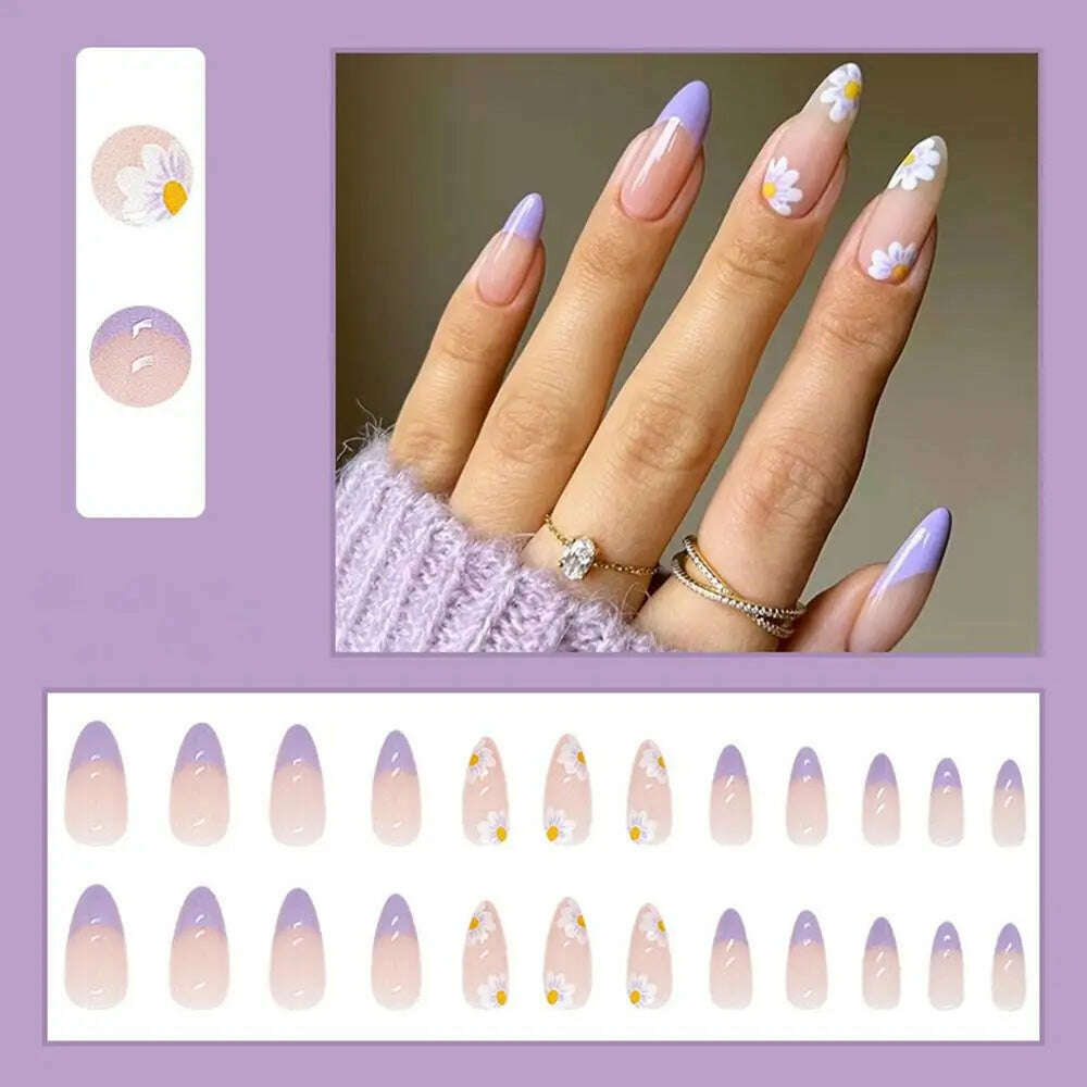 KIMLUD, 24pcs/Box Ballerina Nail Tip Purple with Design Manicure Patches Fresh Floral Almond False Nails Press on Med Nails Detachable, KIMLUD Womens Clothes