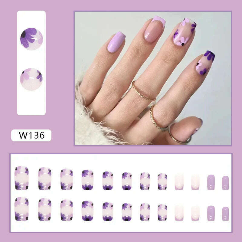 KIMLUD, 24pcs/Box Ballerina Nail Tip Purple with Design Manicure Patches Fresh Floral Almond False Nails Press on Med Nails Detachable, KIMLUD Womens Clothes