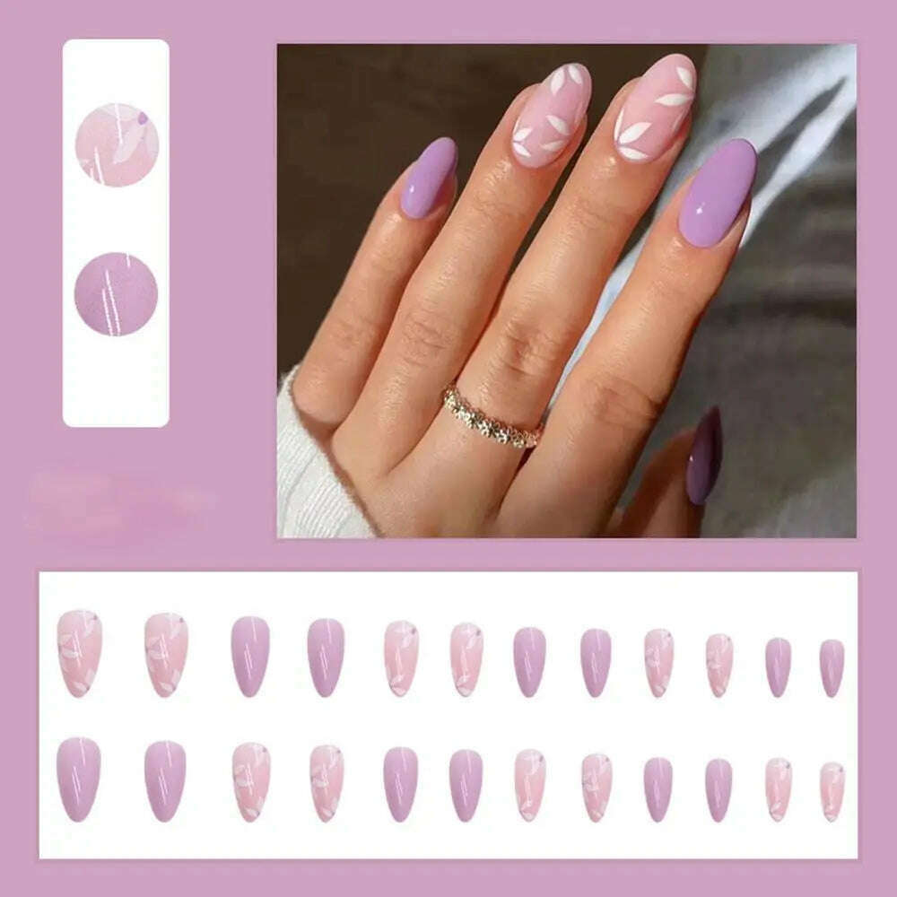 KIMLUD, 24pcs/Box Ballerina Nail Tip Purple with Design Manicure Patches Fresh Floral Almond False Nails Press on Med Nails Detachable, KIMLUD Womens Clothes