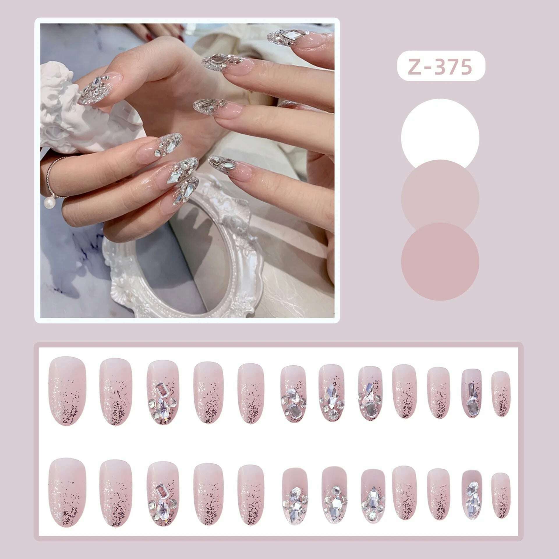 KIMLUD, 24Pcs/Set Nail Art Fake Nails with Diamonds Pink Silver Glitter Wearing Reusable False Nails Long Ballerina Press on Nail Tips, KIMLUD Womens Clothes