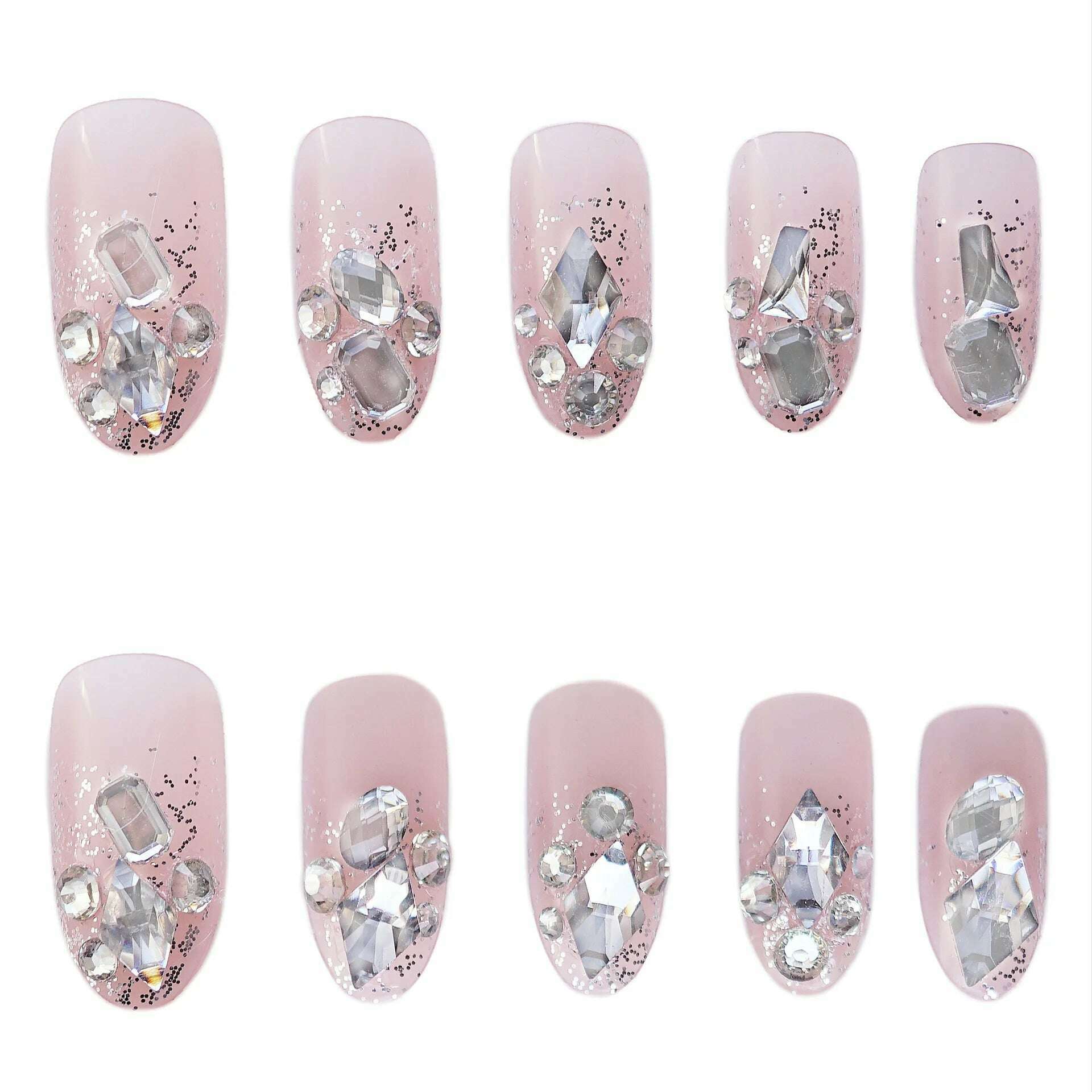 KIMLUD, 24Pcs/Set Nail Art Fake Nails with Diamonds Pink Silver Glitter Wearing Reusable False Nails Long Ballerina Press on Nail Tips, KIMLUD Womens Clothes