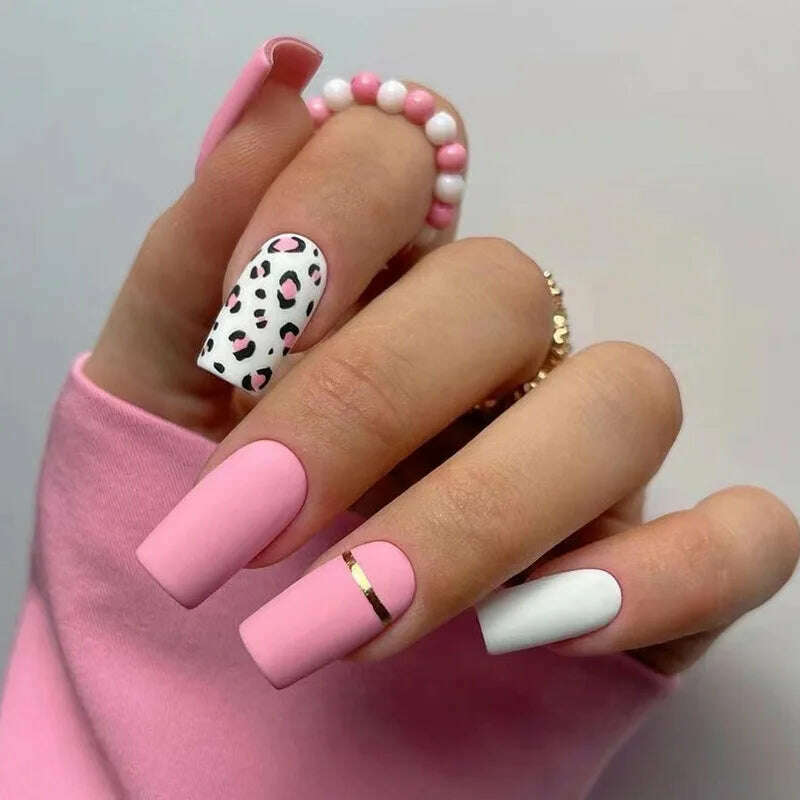 24Ps/Set Square Head Coffin Wearing False Nails Art Pink Matte French Fake Nails Leopard Artificial Acrylic White Press on Nails - KIMLUD