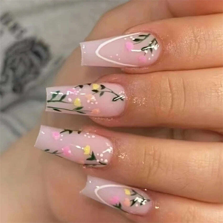 KIMLUD, 24Ps/Set Square Head Coffin Wearing False Nails Art Pink Matte French Fake Nails Leopard Artificial Acrylic White Press on Nails, PDJ2162-W512, KIMLUD APPAREL - Womens Clothes