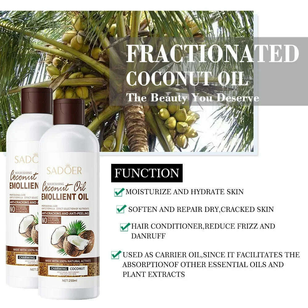 250ml Coconut Sooth Dry Skin Lighten Fine Lines Face Massage Oil Nourishes Hair Removes Frizz Hair Care Oil Firming Body Oil - KIMLUD