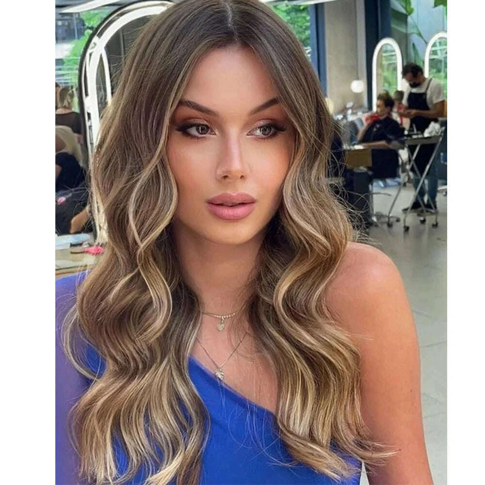 28” Ash Brown Blonde Balayage Highlights Wig 100% Virgin Human Hair Lace Front Wig 180% Thick Wavy HD Invisible Full Lace Wig - KIMLUD