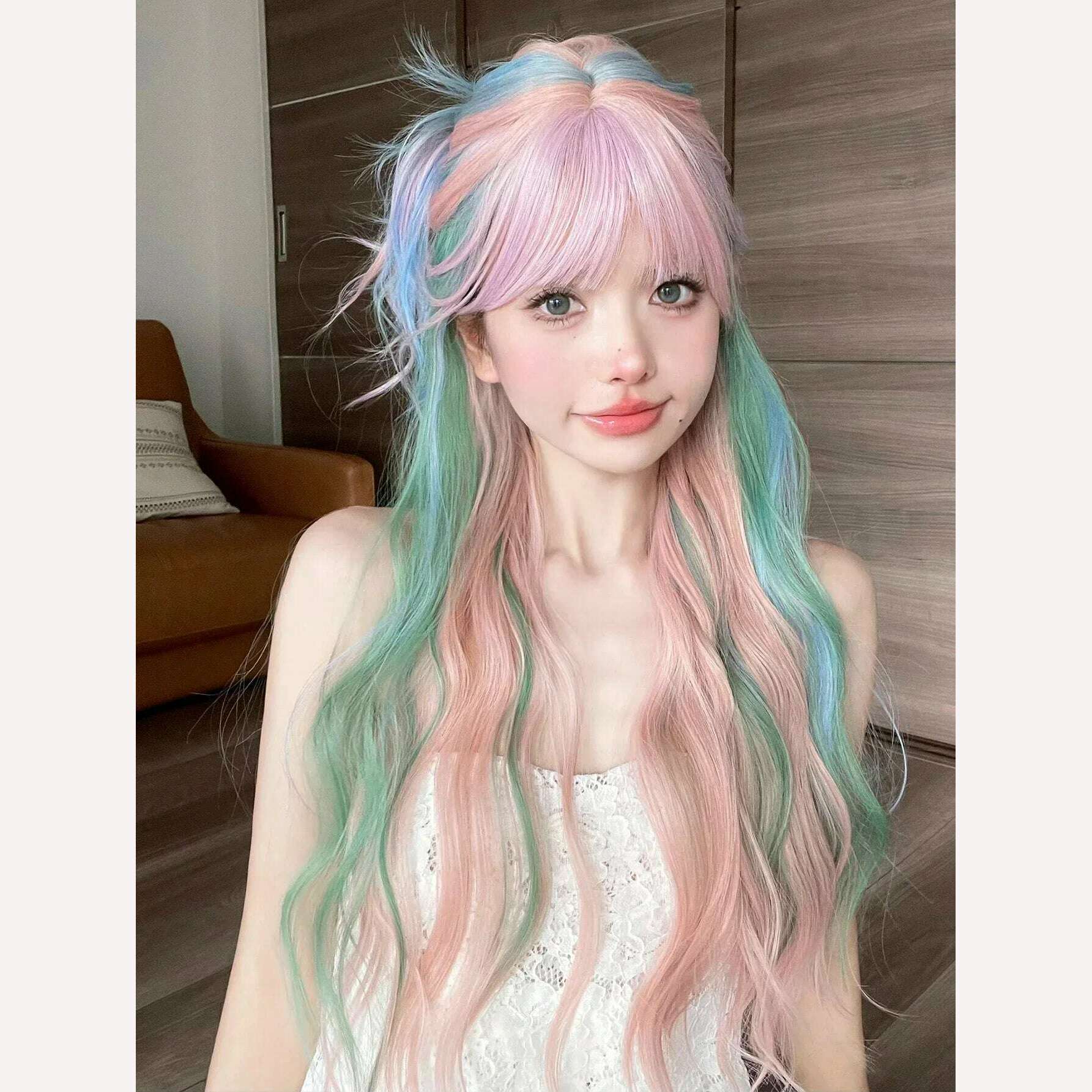 28Inch Iridescent Rainbow Color Multicolour Synthetic Wigs with Bang Long Natural Wavy Hair Wig for Women Cosplay Heat Resistant - KIMLUD