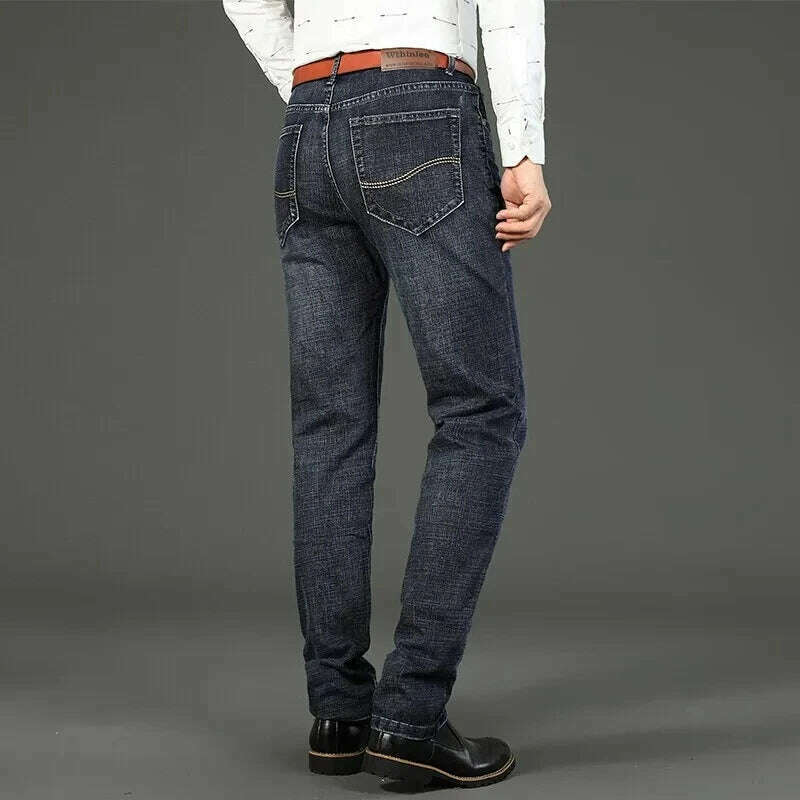 29-40 Men's Spring and Autumn Classics Pants, Straight Business Blue Black Jeans, Elastic Slim Fit Casual Work Pants - KIMLUD