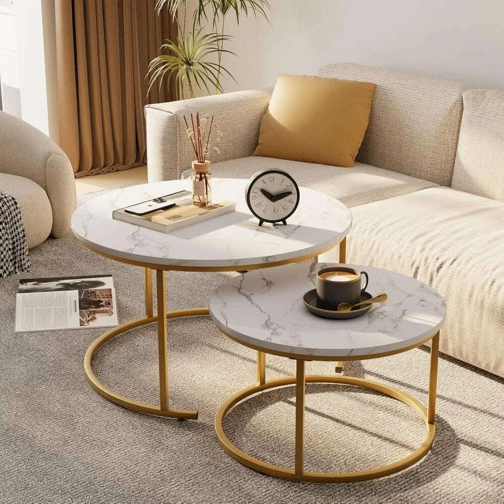 KIMLUD, 29.5" Nesting Coffee Table, Large White Faux Marble Gold Side Table Set of 2, Steel Frame Circular and Round Wooden Tables, White Marble / United States, KIMLUD APPAREL - Womens Clothes