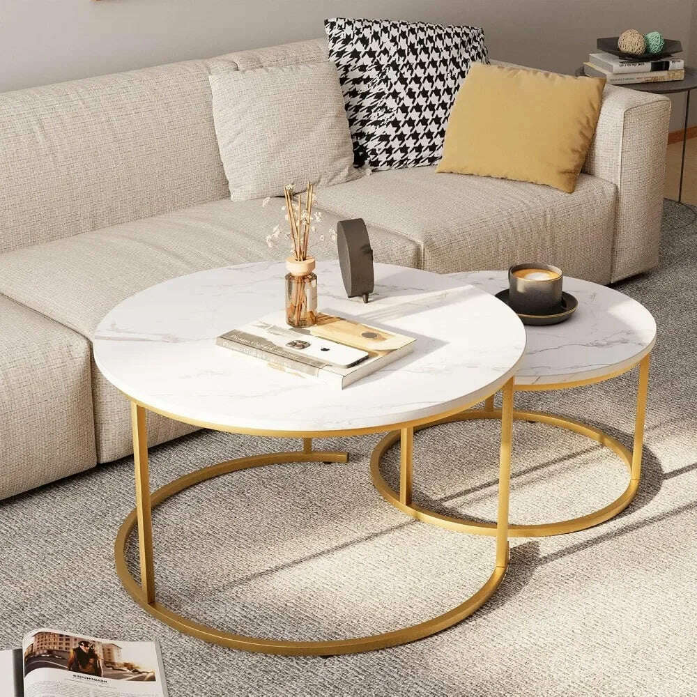 KIMLUD, 29.5" Nesting Coffee Table, Large White Faux Marble Gold Side Table Set of 2, Steel Frame Circular and Round Wooden Tables, KIMLUD Womens Clothes