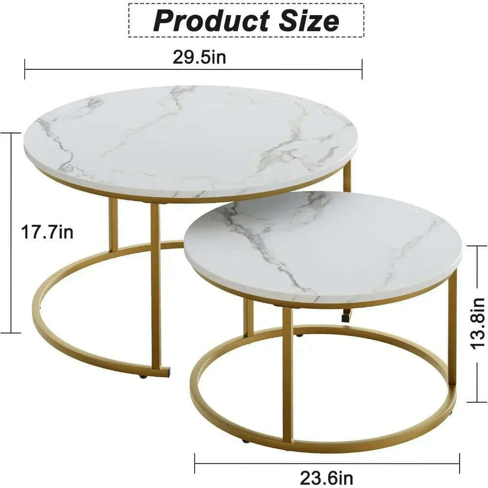 KIMLUD, 29.5" Nesting Coffee Table, Large White Faux Marble Gold Side Table Set of 2, Steel Frame Circular and Round Wooden Tables, KIMLUD Womens Clothes