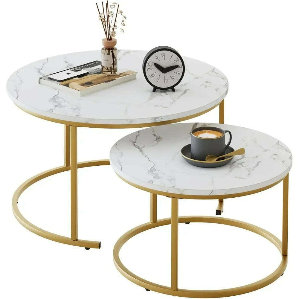 KIMLUD, 29.5" Nesting Coffee Table, Large White Faux Marble Gold Side Table Set of 2, Steel Frame Circular and Round Wooden Tables, KIMLUD Womens Clothes