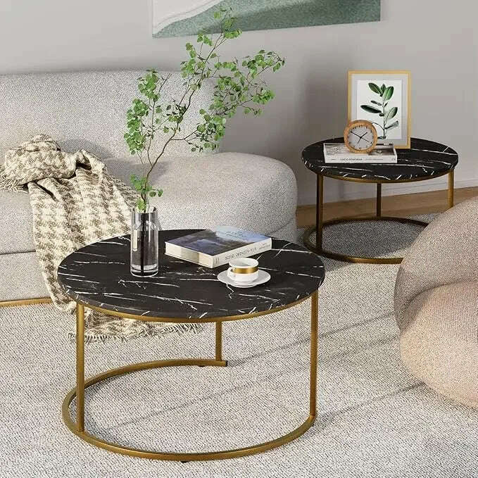 KIMLUD, 29.5" Nesting Coffee Table, Large White Faux Marble Gold Side Table Set of 2, Steel Frame Circular and Round Wooden Tables, Black Marble / United States, KIMLUD APPAREL - Womens Clothes