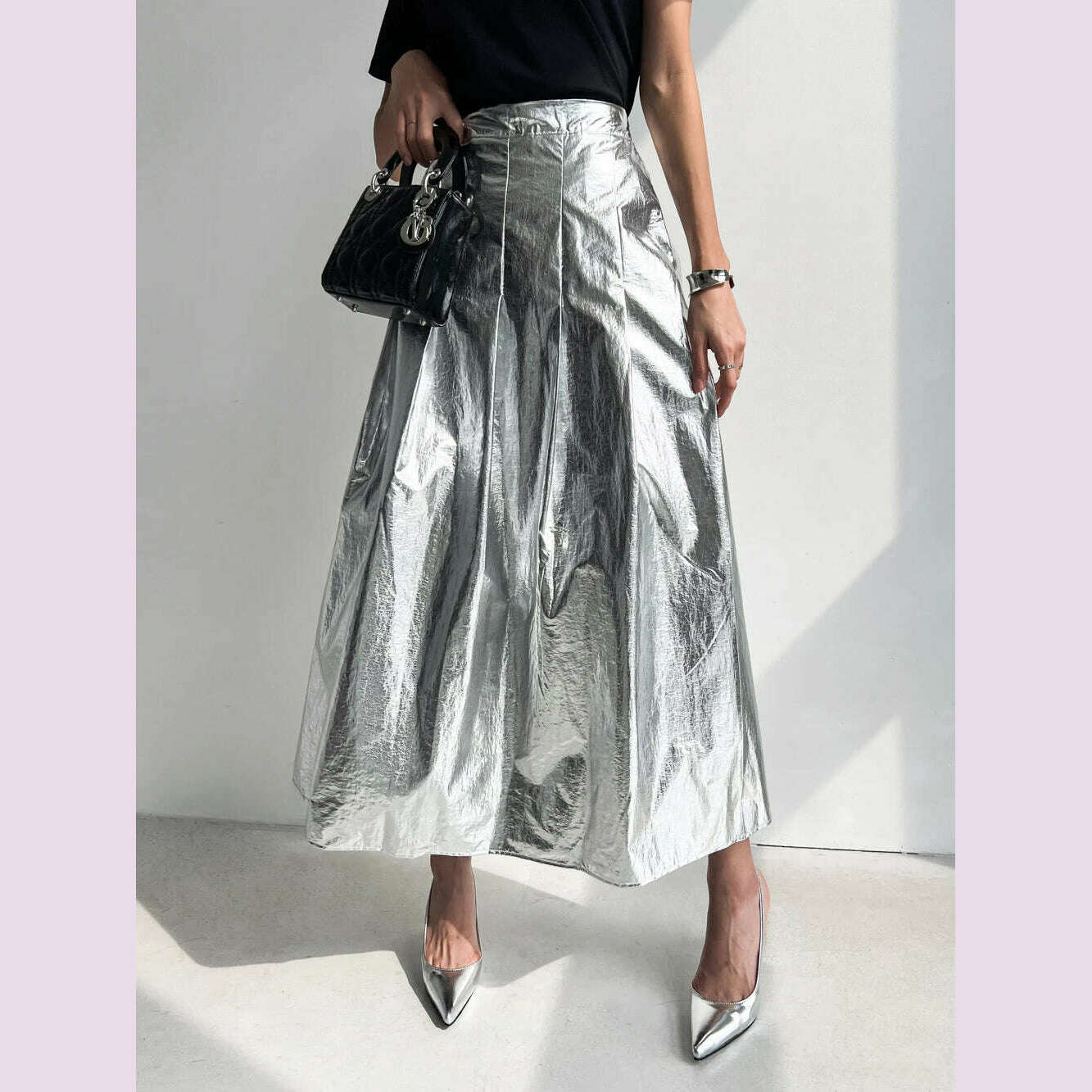 KIMLUD, 2Colors Women Summer Autumn Pleated Long Skirts For Womens Elastic High Waist Vintage Silver Skirt Female(w10051), Black / One Size / CHINA, KIMLUD APPAREL - Womens Clothes