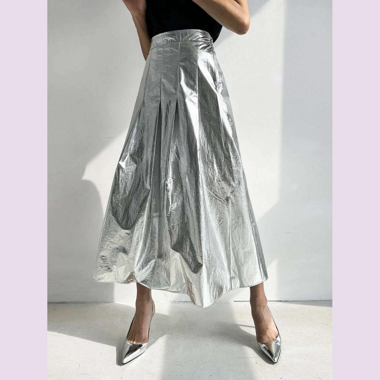 KIMLUD, 2Colors Women Summer Autumn Pleated Long Skirts For Womens Elastic High Waist Vintage Silver Skirt Female(w10051), KIMLUD Womens Clothes