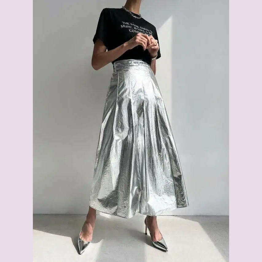 KIMLUD, 2Colors Women Summer Autumn Pleated Long Skirts For Womens Elastic High Waist Vintage Silver Skirt Female(w10051), KIMLUD Womens Clothes