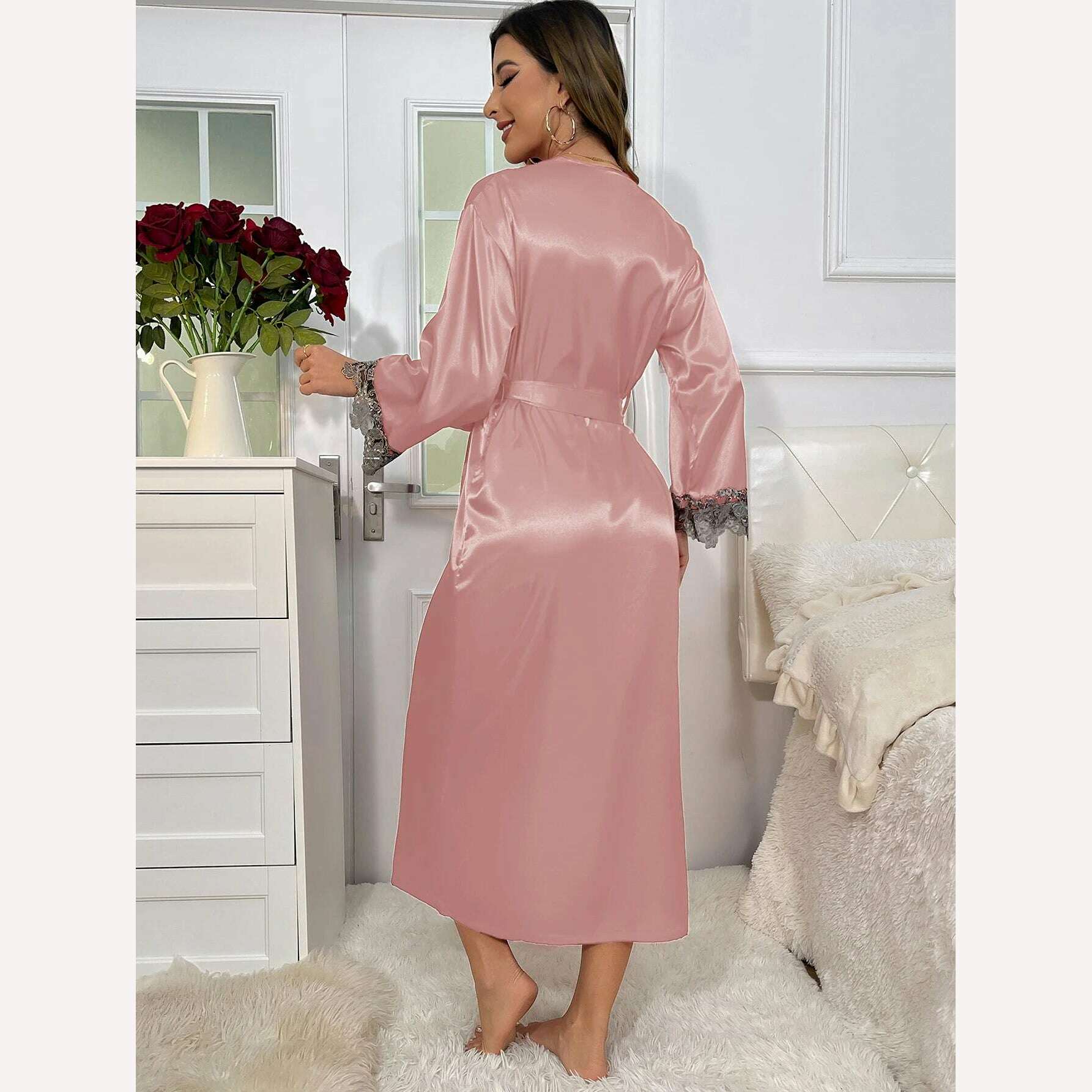 2cs Contrast Lace Long Sleeve Belted Robe V Neck Slip Dress Sexy Elegant Women Pajamas Sets - KIMLUD