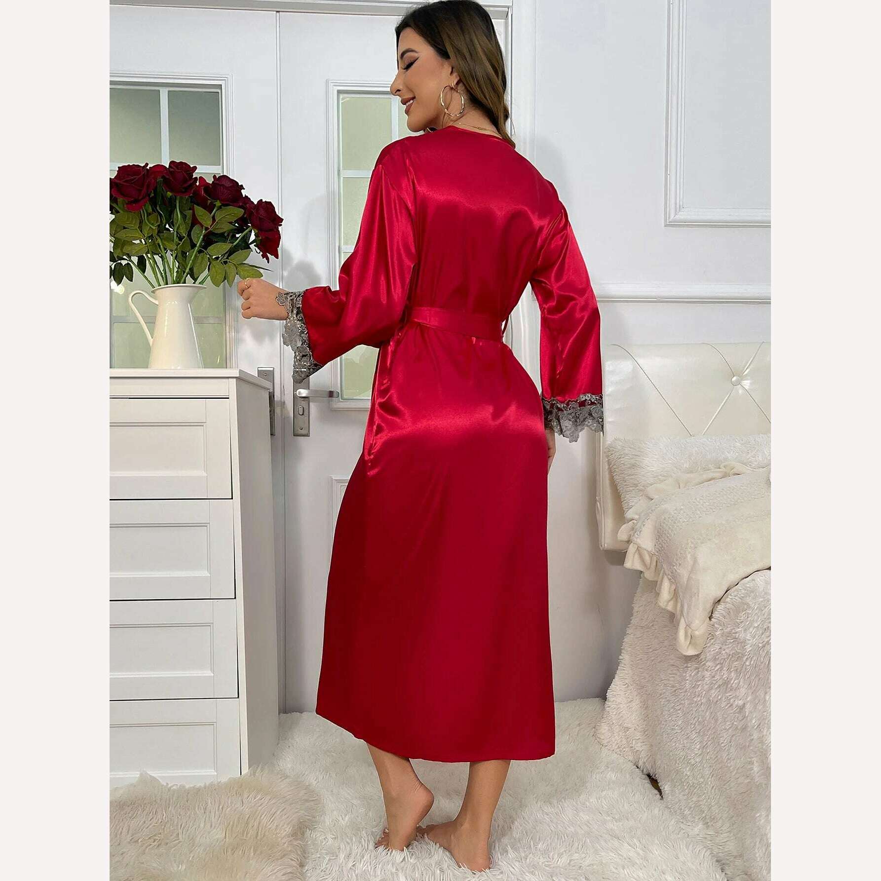 2cs Contrast Lace Long Sleeve Belted Robe V Neck Slip Dress Sexy Elegant Women Pajamas Sets - KIMLUD