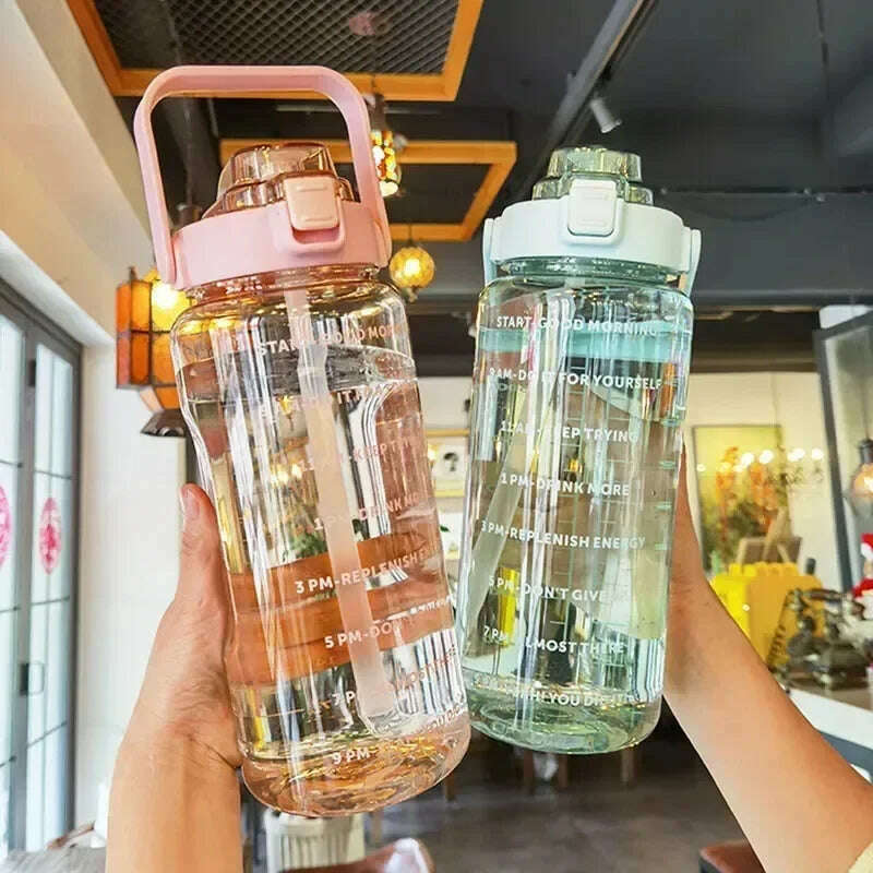 2L Straw Water Bottle Large Capacity Plastic Water Cup Portable Drink Bottle With Time Marker For Outdoor Sports Fitness - KIMLUD