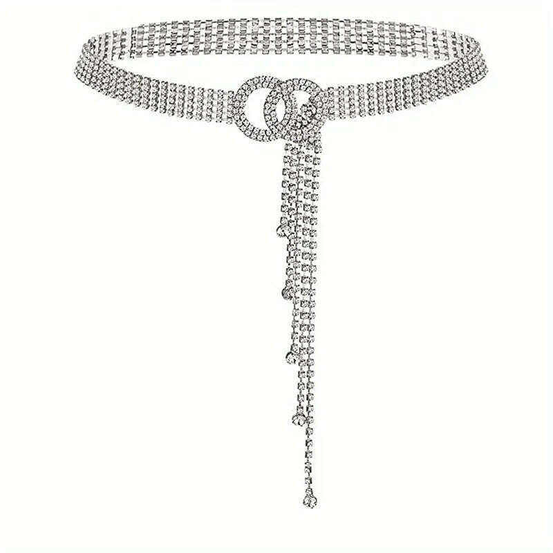 KIMLUD, 2O Elegant Rhinestone Waist Chain for Women - Sparkling Double O-Ring Y2K Dress Girdle Belt, KIMLUD Womens Clothes