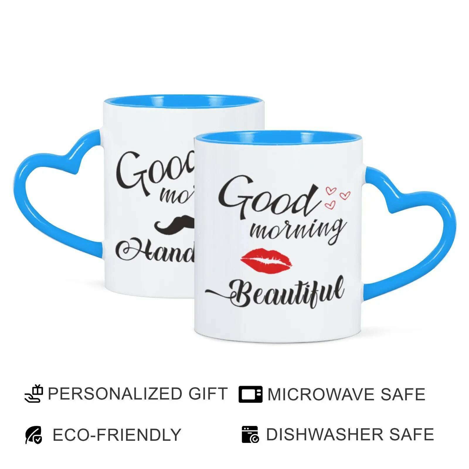 KIMLUD, 2pc 11oz Good Morning Beautiful Handsome Ceramic Coffee Mug Couples Sets Funny His Her Gifts Husband Wife Anniversary Presents, Blue / 325ml, KIMLUD APPAREL - Womens Clothes