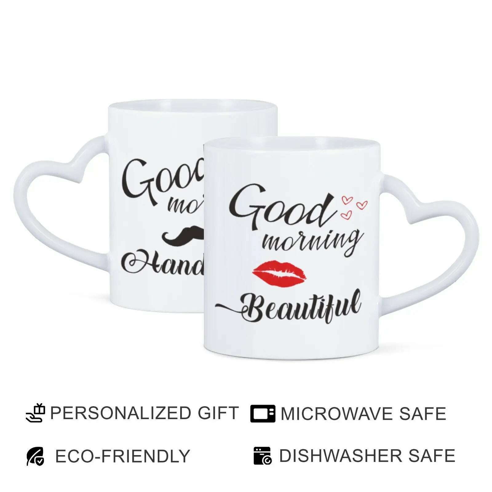 KIMLUD, 2pc 11oz Good Morning Beautiful Handsome Ceramic Coffee Mug Couples Sets Funny His Her Gifts Husband Wife Anniversary Presents, WHITE / 325ml, KIMLUD APPAREL - Womens Clothes