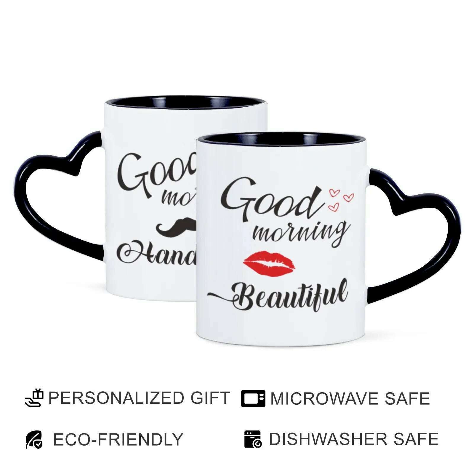 KIMLUD, 2pc 11oz Good Morning Beautiful Handsome Ceramic Coffee Mug Couples Sets Funny His Her Gifts Husband Wife Anniversary Presents, black / 325ml, KIMLUD APPAREL - Womens Clothes