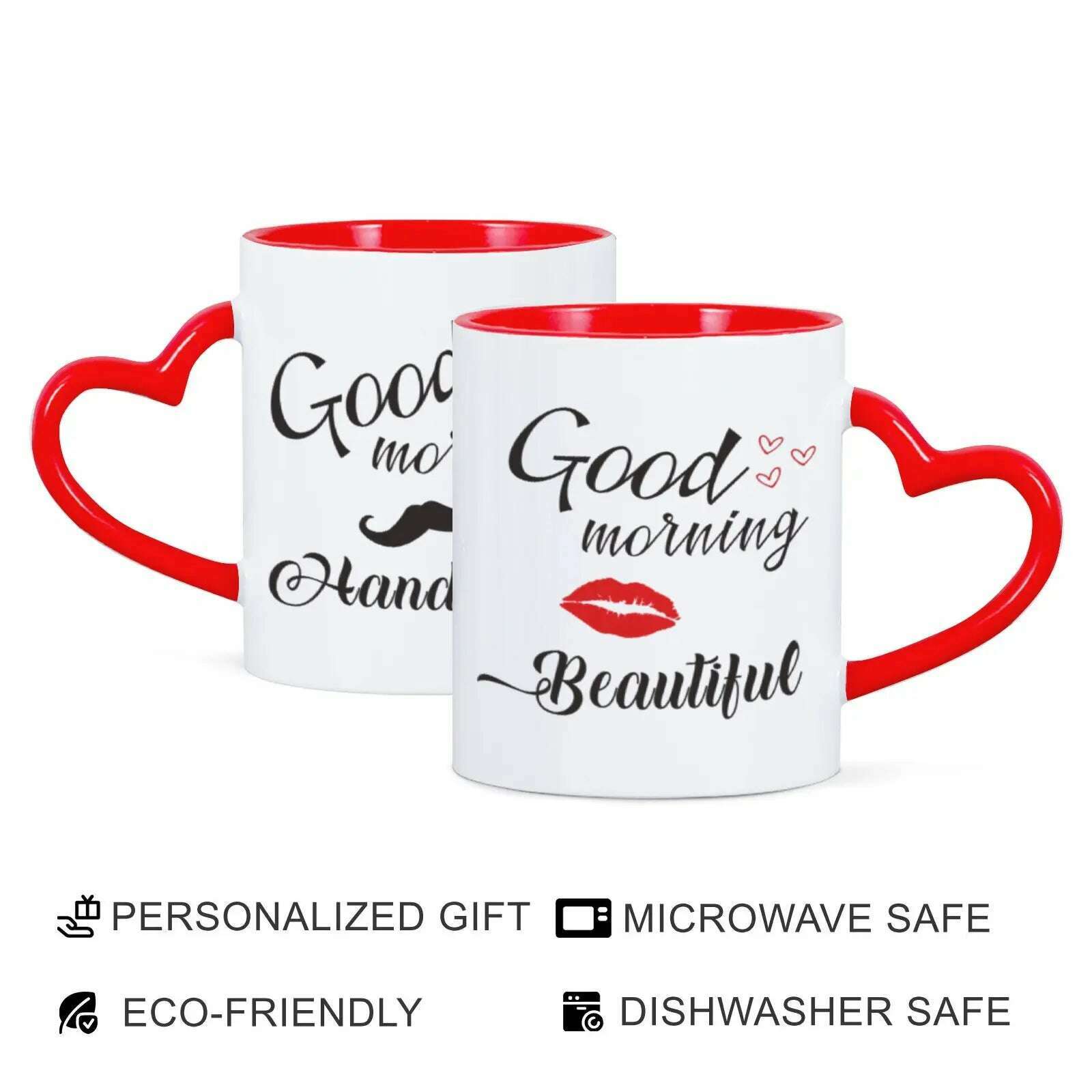 KIMLUD, 2pc 11oz Good Morning Beautiful Handsome Ceramic Coffee Mug Couples Sets Funny His Her Gifts Husband Wife Anniversary Presents, Red / 325ml, KIMLUD APPAREL - Womens Clothes