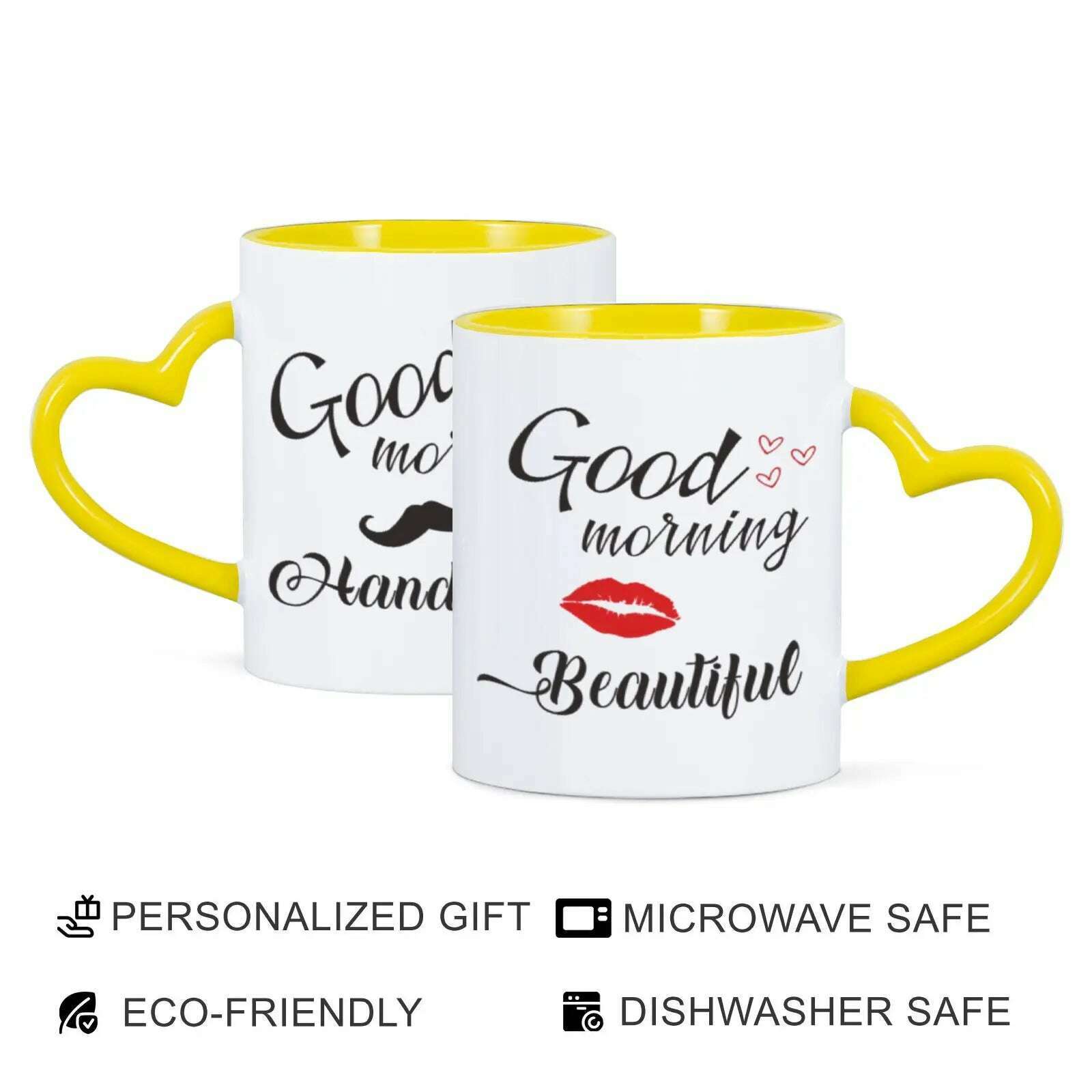 KIMLUD, 2pc 11oz Good Morning Beautiful Handsome Ceramic Coffee Mug Couples Sets Funny His Her Gifts Husband Wife Anniversary Presents, Yellow / 325ml, KIMLUD APPAREL - Womens Clothes